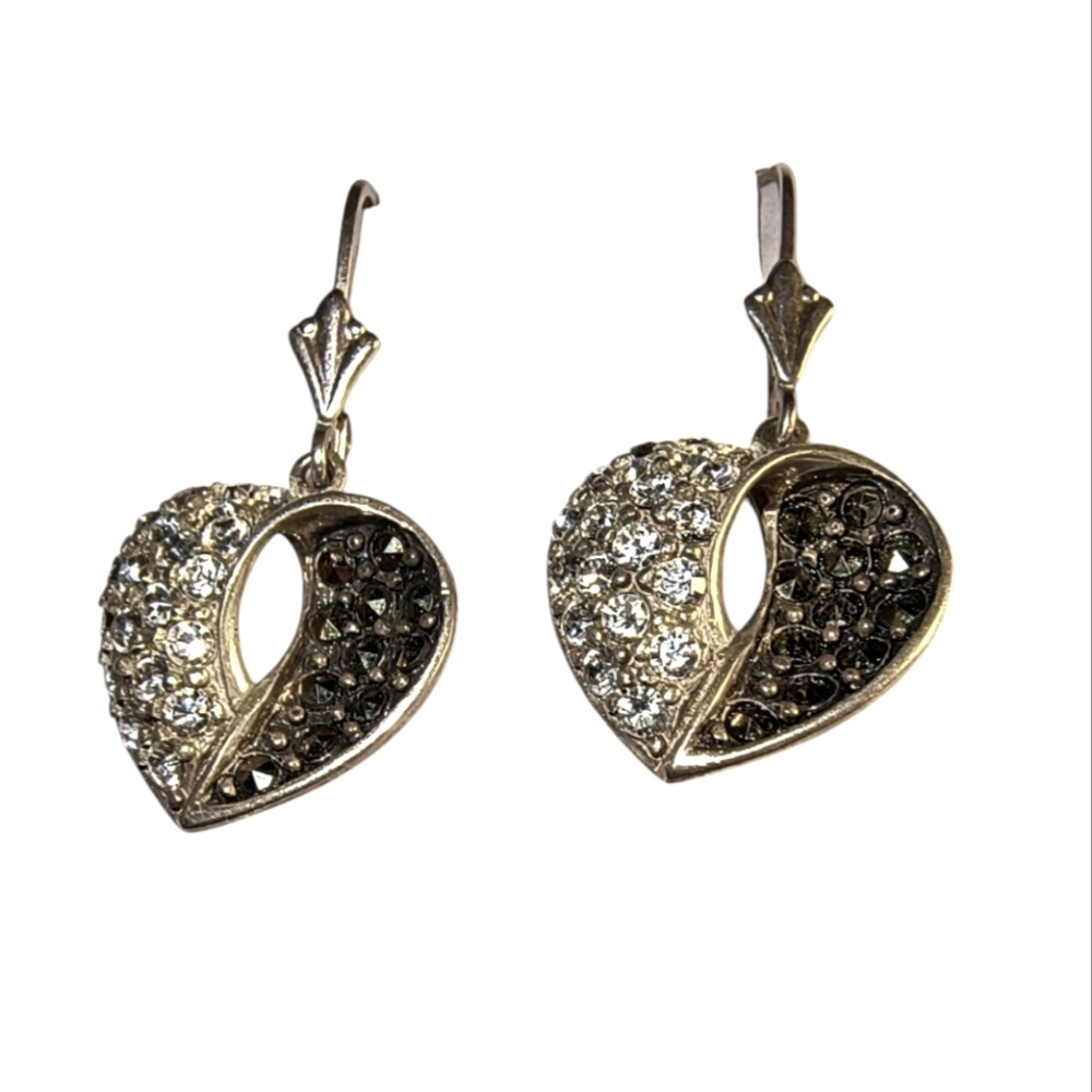 Vintage Crystal, Marcasite And Sterling Silver Dangle Heart Earrings